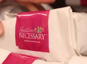 Justice Necessary hygiene kit in a white paper bag with a pink seal.