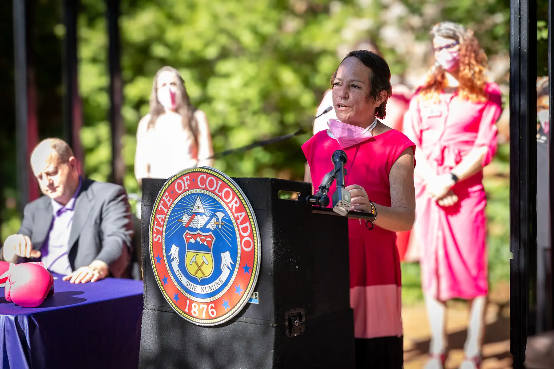 Faith Winter speaking at the signing of HB24-1164: Free Menstrual Products to Students